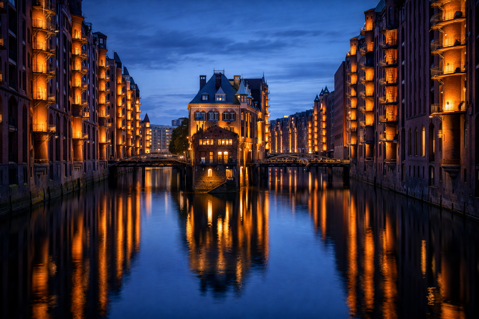 Hamburg – Speicherstadt, Hafen und Michel bei Sonnenuntergang